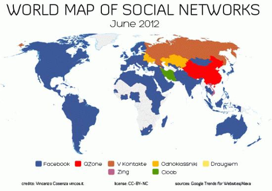 evolution de la carte du monde Carte du monde des réseaux sociaux   juin 2012   BDM